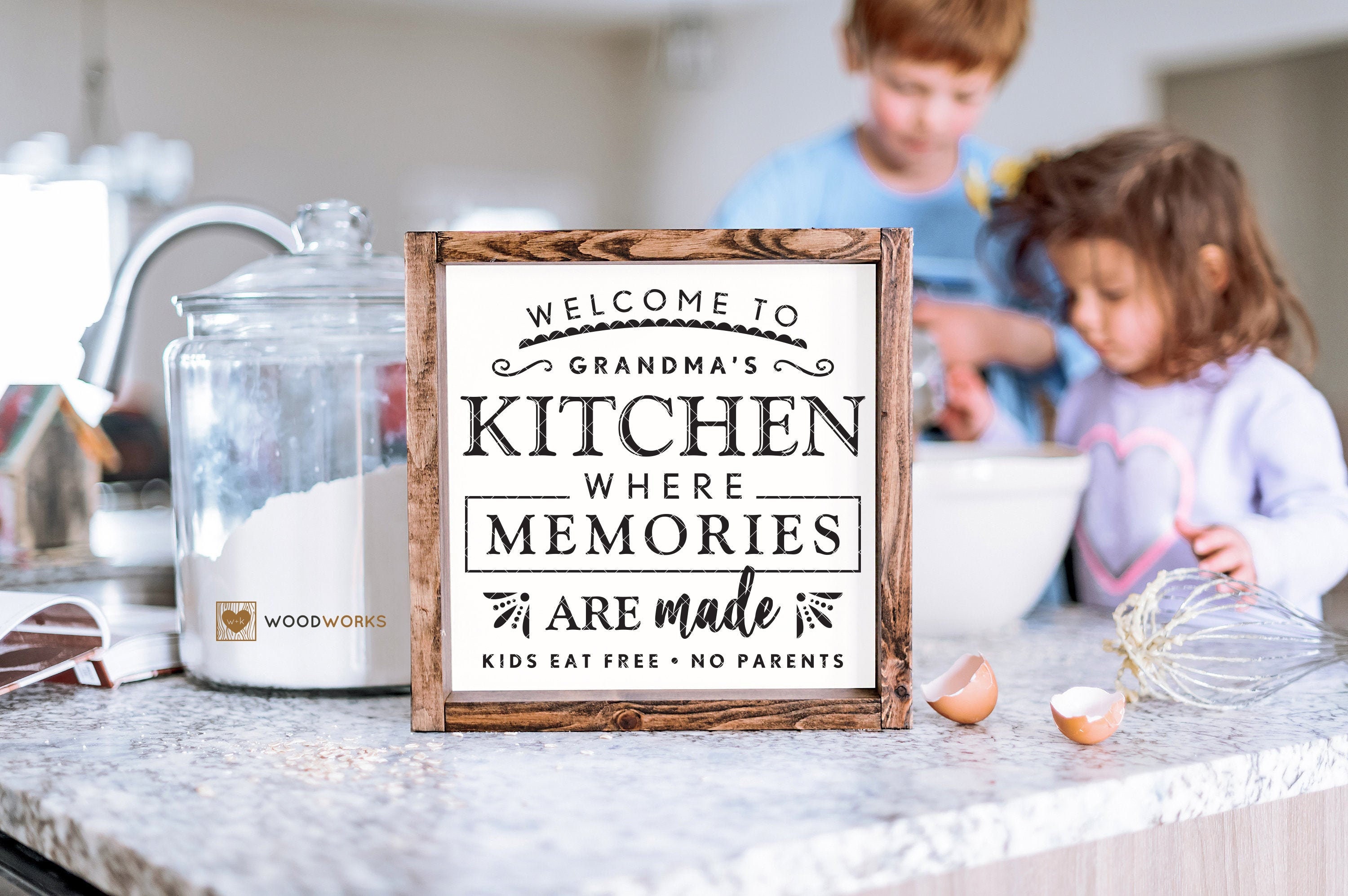 SVG / DXF - Meals & Memories "Welcome To Grandma's Kitchen Where Memories Are Made" Cut File - Kids Eat Free, No Parents (Made With Love)