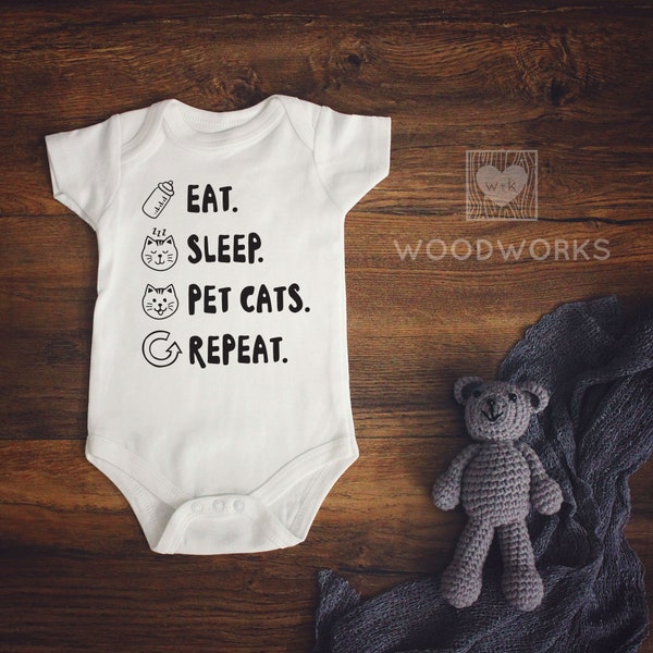 SVG / DXF - Baby Shirt "Eat. Sleep. Pet Cats. Repeat." Cut File - Baby Bottle, Cat Sleeping, Happy Kitty, Repeat - Infant One-Piece Bodysuit
