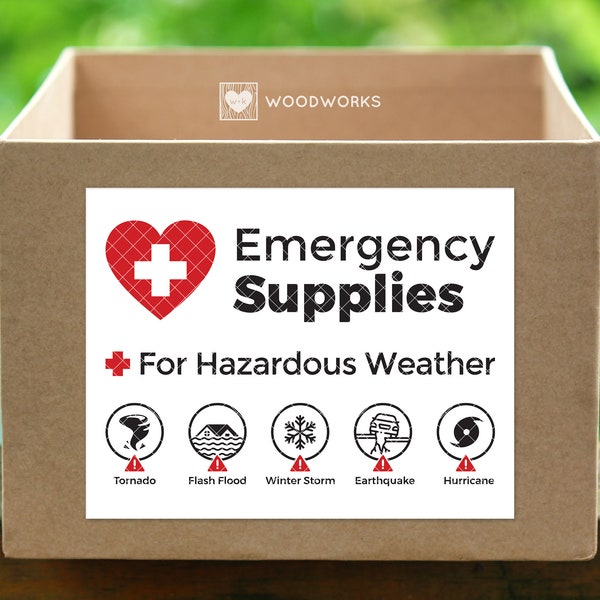 PDF/SVG/DXF Printable Storage Bin Label “Emergency Supplies For Hazardous Weather” Tornado, Flash Flood, Winter Storm, Earthquake, Hurricane