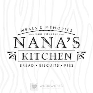 May include: Black and white logo design for a bakery called "Nana's Kitchen". The logo features the text "Meals & Memories Made With Love" above the name of the bakery and the text "Bread, Biscuits, Pies" below the name.