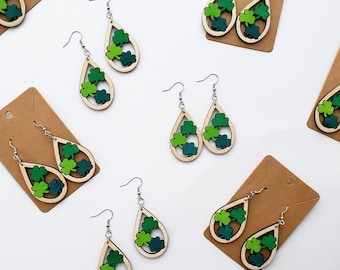 LASER SVG: St. Patrick&#39;s Day Shamrock Teardrop Earring Laser Engrave Cut File - Saint Patty&#39;s Tear Drop Ear Rings (For Glowforge / xTool)