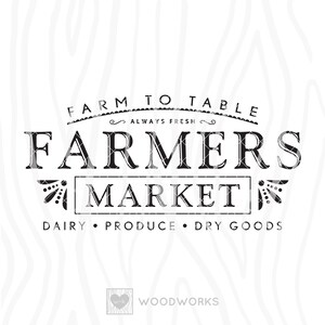 May include: Black and white graphic design for a farmers market. The text reads "Farm to Table Always Fresh Farmers Market Dairy Produce Dry Goods". The logo also includes a stylized wheat design.