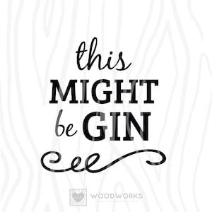 May include: Black and white graphic text on a white woodgrain background. The text reads "this might be gin" with a decorative flourish underneath. The text is in a bold, sans-serif font.