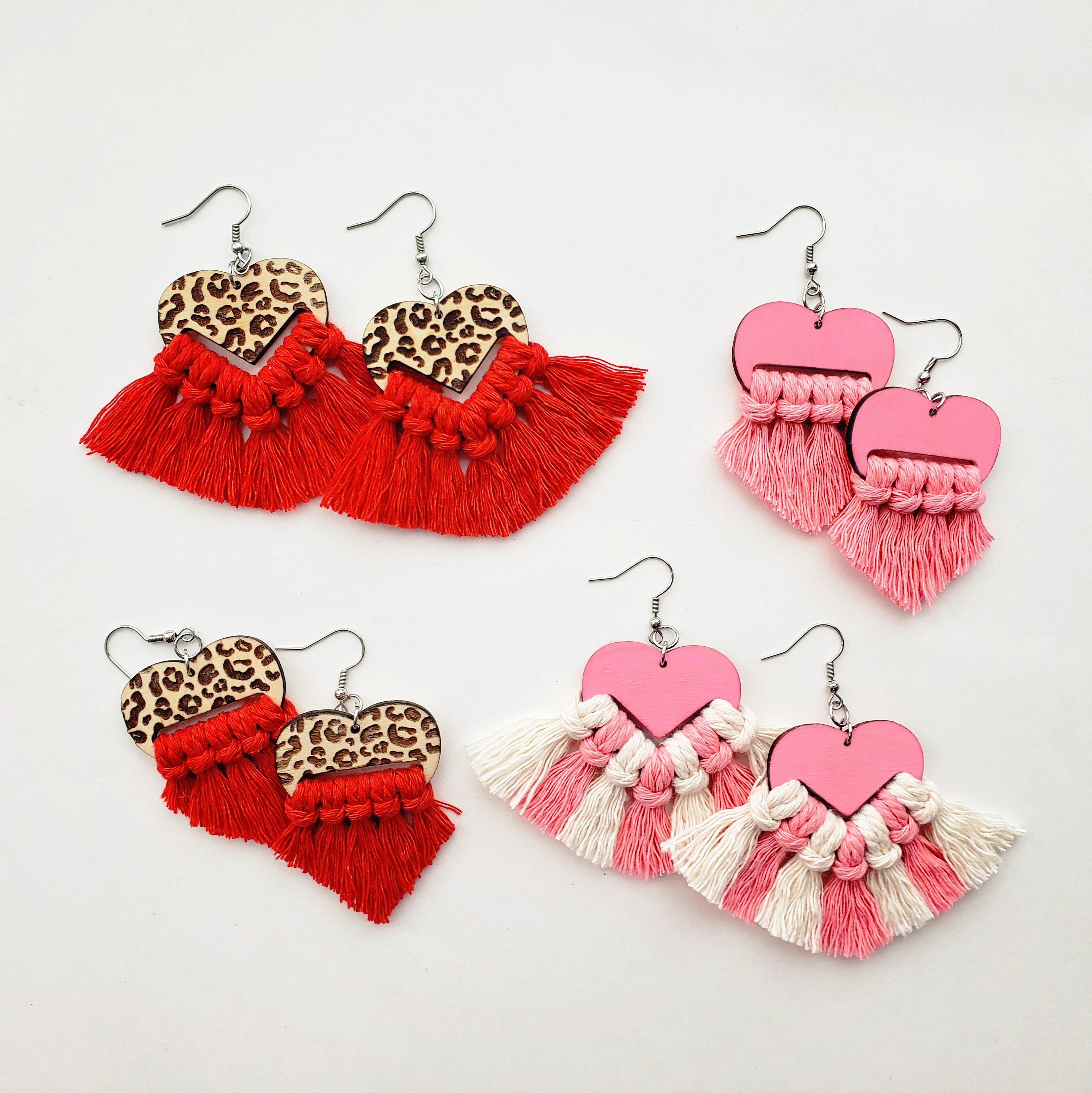 LASER SVG: 4 Pack - Valentine's Day Heart Shaped Macrame Blank With Leopard Print and Blank Style Earring Blank Laser Engrave Cut File Set