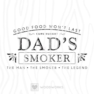 SVG / DXF - Good Food Won&#39;t Last “Dad&#39;s Smoker” - Good Food Won&#39;t Last, The Man, The Smoker, The Legend (Funny Father&#39;s Day Cut File Design)