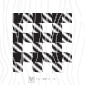 May include: Black and white buffalo check pattern. The pattern is made up of alternating black and white squares.
