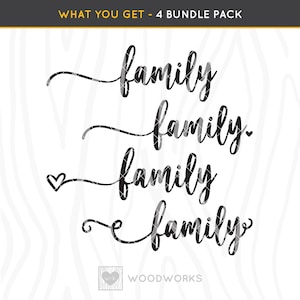 Könnte beinhalten: Vier Schwarzweißbilder des Wortes "family" in einer kursiven Schriftart. Das Wort "family" ist in jedem Bild in einem anderen Stil geschrieben. Die Bilder haben einen weißen Hintergrund mit einer Holzmaserung.