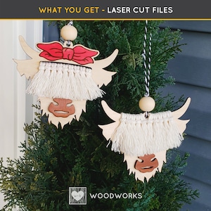 LASER SVG:  &quot;Macrame Highland Cow and Highland Cow With Vintage Bow&quot; Laser Cut File - Christmas High Land Cow Ornament, Herd Ornaments Files