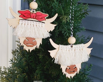 LASER SVG:  "Macrame Highland Cow and Highland Cow With Vintage Bow" Laser Cut File - Christmas High Land Cow Ornament, Herd Ornaments Files