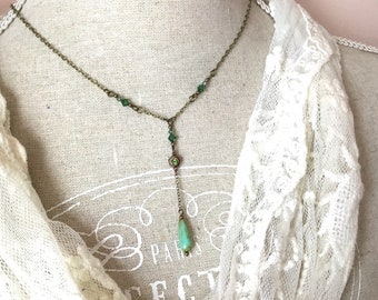 Dainty green vintage style lariat necklace with green teardrop antique brass y shape drop necklace