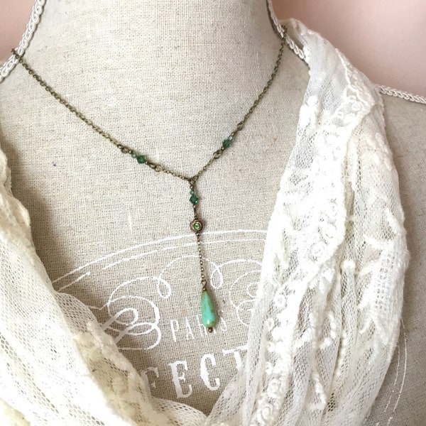 Dainty green vintage style lariat necklace with green teardrop antique brass y shape drop necklace