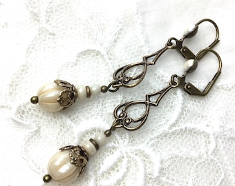 Cream vintage style dangle earrings antique brass champagne czech glass drop earrings