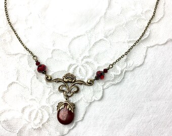Romantic red teardrop victorian style chandelier necklace floral red antique brass necklace