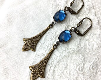 Blue cabochon art nouveau drop earrings floral teardrop victorian style dangle earrings