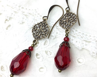 Wine Red teardrop victorian style antiqued brass dangle earrings