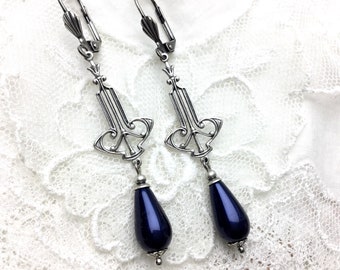 Dark blue Art Deco teardrop drop earrings czech glass antique silver drop earrings