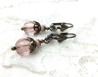 Pale pink antiqued brass czech glass dangle earrings czech glass melon drop earrings