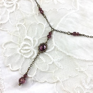 Amethyst beaded antique brass lariat necklace vintage style romantic Y-shape necklace
