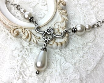 Antique silver romantic floral pearl necklace Swarovski white pearl necklace