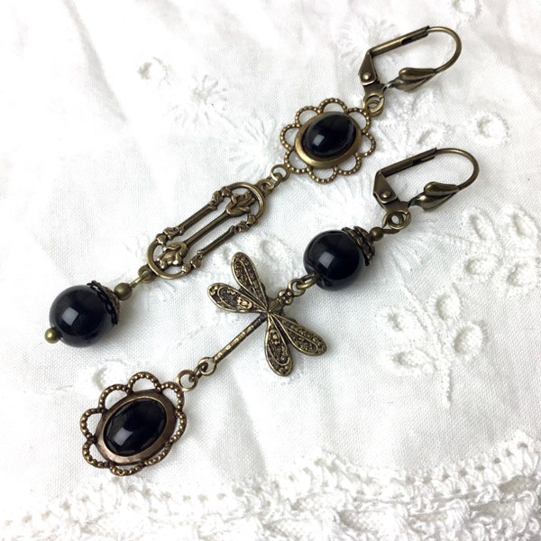 Long black asymmetric dangle earrings black cabochon antiqued brass earrings