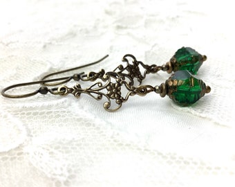 Emerald dangle earrings green antiqued brass drop earrings