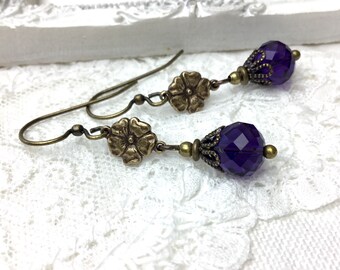 Purple victorian style antiqued brass dangle earrings