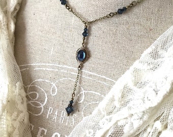 Montana blue antique brass lariat necklace vintage style Y shape blue beaded necklace