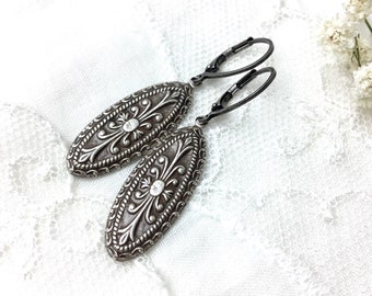 Antique silver teardrop dangle earrings silver plated filigree dangle earrings