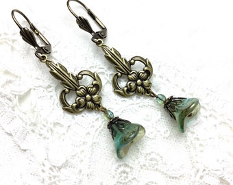 Aqua green antiqued brass flower dangle earrings czech glass flower drop earrings