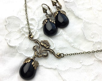 Black teardrop art nouveau chandelier necklace set romantic victorian style floral black jewelry set