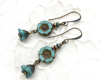 Blue flower antique brass drop earrings czech glass flower dangle earrings