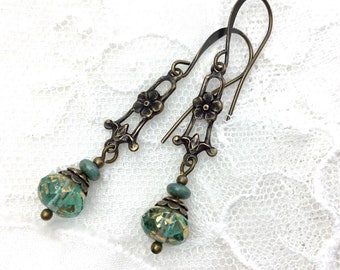 Aqua blue vintage style floral antique brass dangle earrings