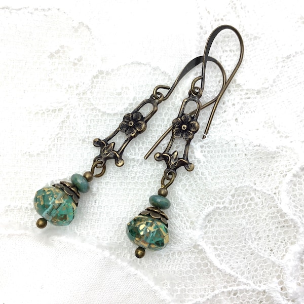 Aqua blue vintage style floral antique brass dangle earrings