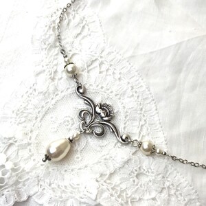 Art Nouveau pearl chandelier necklace antiqued silver plated pearl drop chandelier necklace swarovski pearl necklace