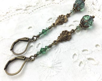 Emerald victorian style drop earrings antique green dangle earrings