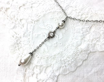 Dainty elegant Antique silver lariat necklace victorian style white pearl lariat necklace