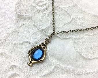 Blue romantic victorian style floral cabochon necklace royal blue necklace
