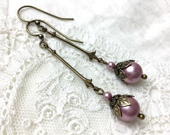 pink pearl dangle earrings antiqued brass french lily dangle earrings