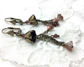 Vintage style pink floral Antique brass drop earrings czech glass flower dangle earrings