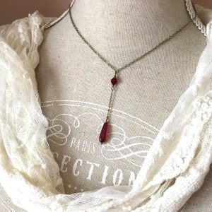 Red vintage style teardrop lariat necklace antique brass Siam red y shape necklace