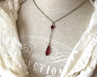 Red vintage style teardrop lariat necklace antique brass Siam red y shape necklace