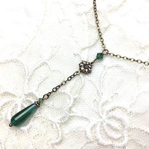 Emerald green lariat necklace antique brass green y shape necklace