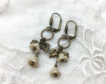 Vintage style Cream czech glass floral drop earrings antiqued brass flower dangle earrings