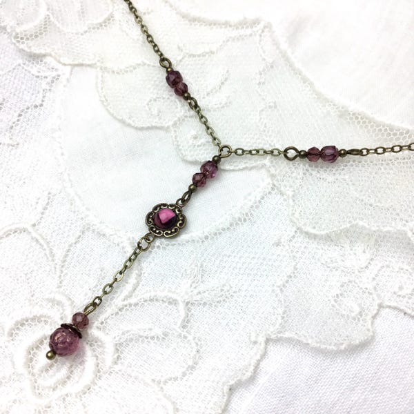 Amethyst beaded antique brass lariat necklace vintage style romantic Y-shape necklace