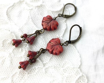 Red maple leaf floral drop earrings antique brass czech glass flower dangle earrings