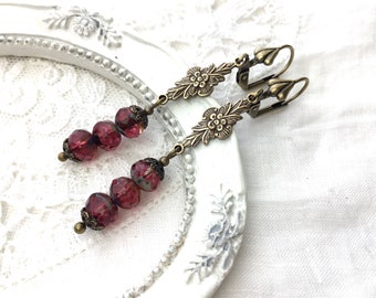 Pink floral victorian style antiqued brass dangle earrings pink victorian style drop earrings