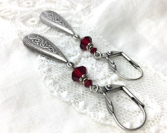 Red victorian style teardrop drop earrings antique silver red siam dangle teardrop earrings