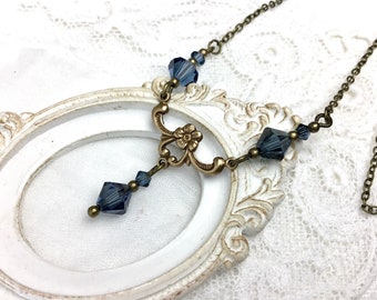 Montana blue Swarovski floral chandelier necklace antique brass blue romantic necklace