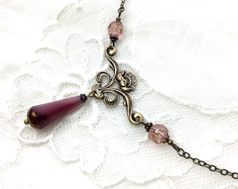 Pink floral Art nouveau teardrop chandelier necklace antiqued brass pink victorian style pendant necklace