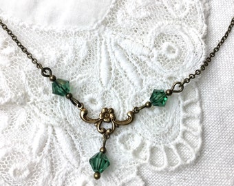 Green tourmaline Swarovski floral necklace, green floral chandelier antiqued brass necklace